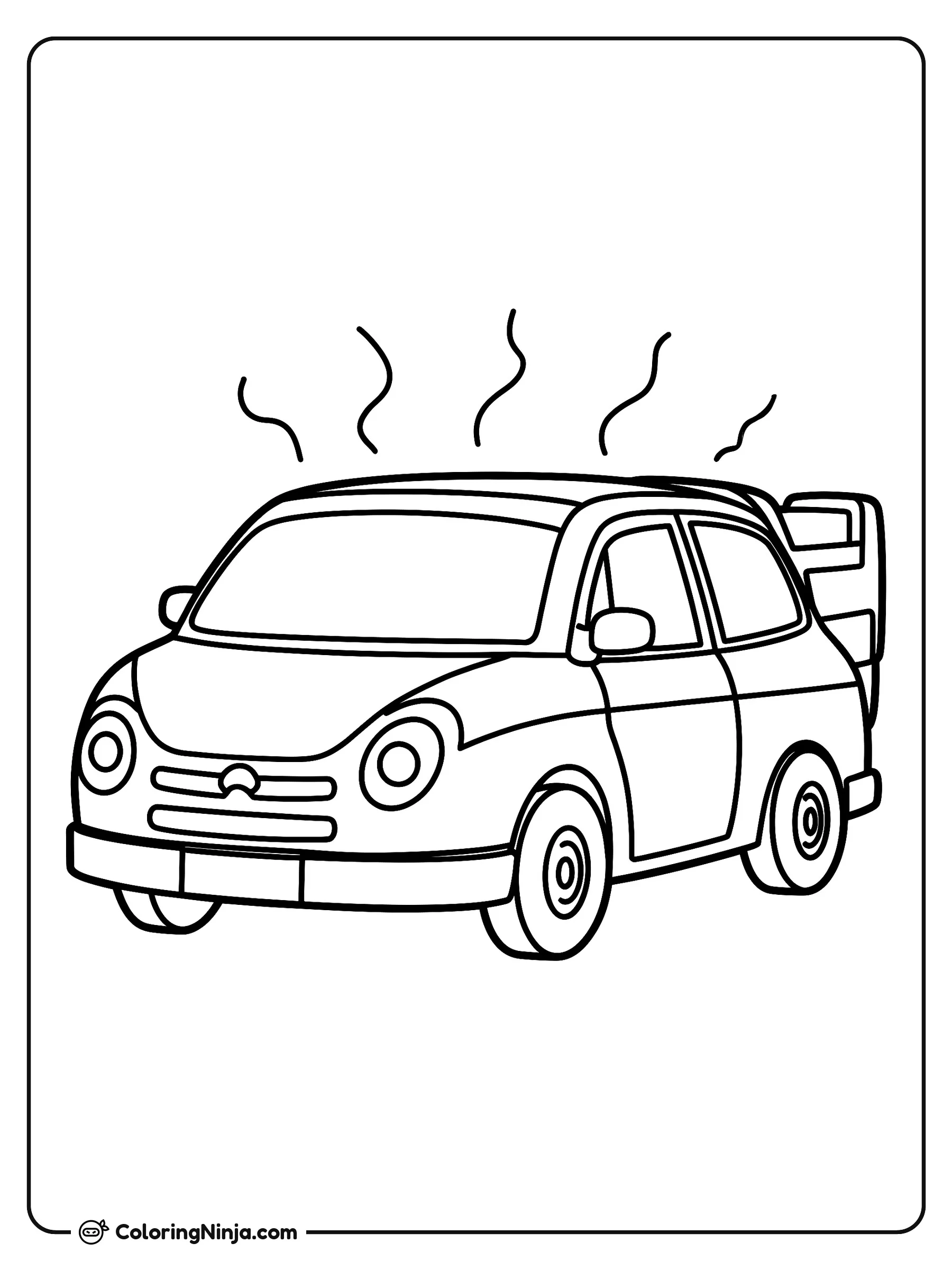Auto Tesco con vapor, dibujo para colorear: Un auto Tesco muestra grandes faros redondos, espejos laterales prominentes y un alerón trasero.