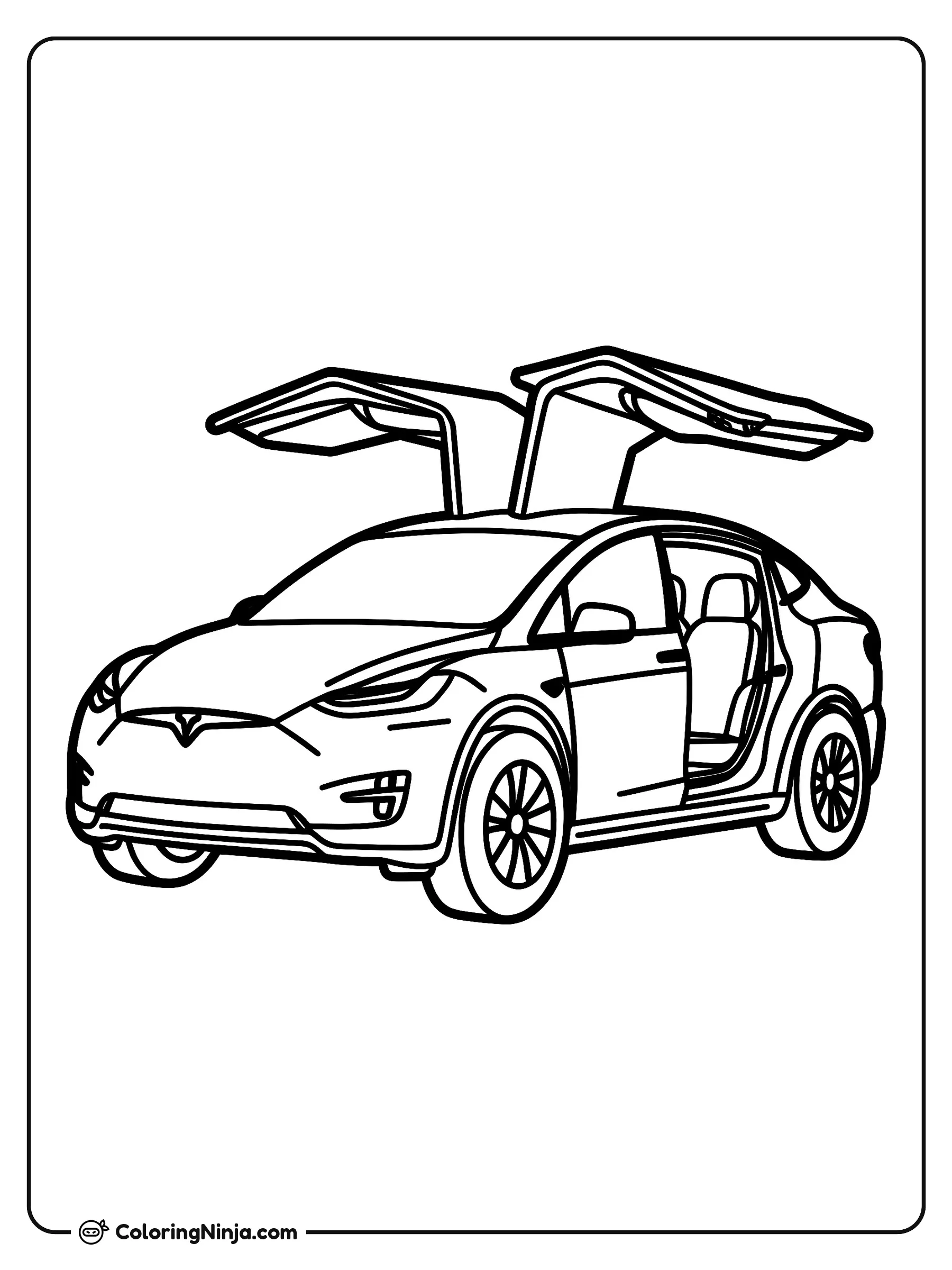 Tesla Model X con puertas Falcon, dibujo para colorear: Un Tesla Model X estacionado muestra sus distintivas puertas Falcon abiertas hacia el cielo.