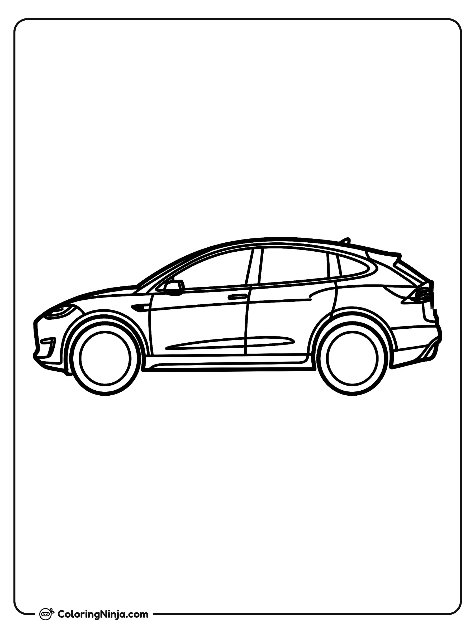 Auto Eléctrico Tesla Model X, dibujo para colorear: Una vista de perfil muestra un moderno Tesla Model X estacionado en un espacio despejado.