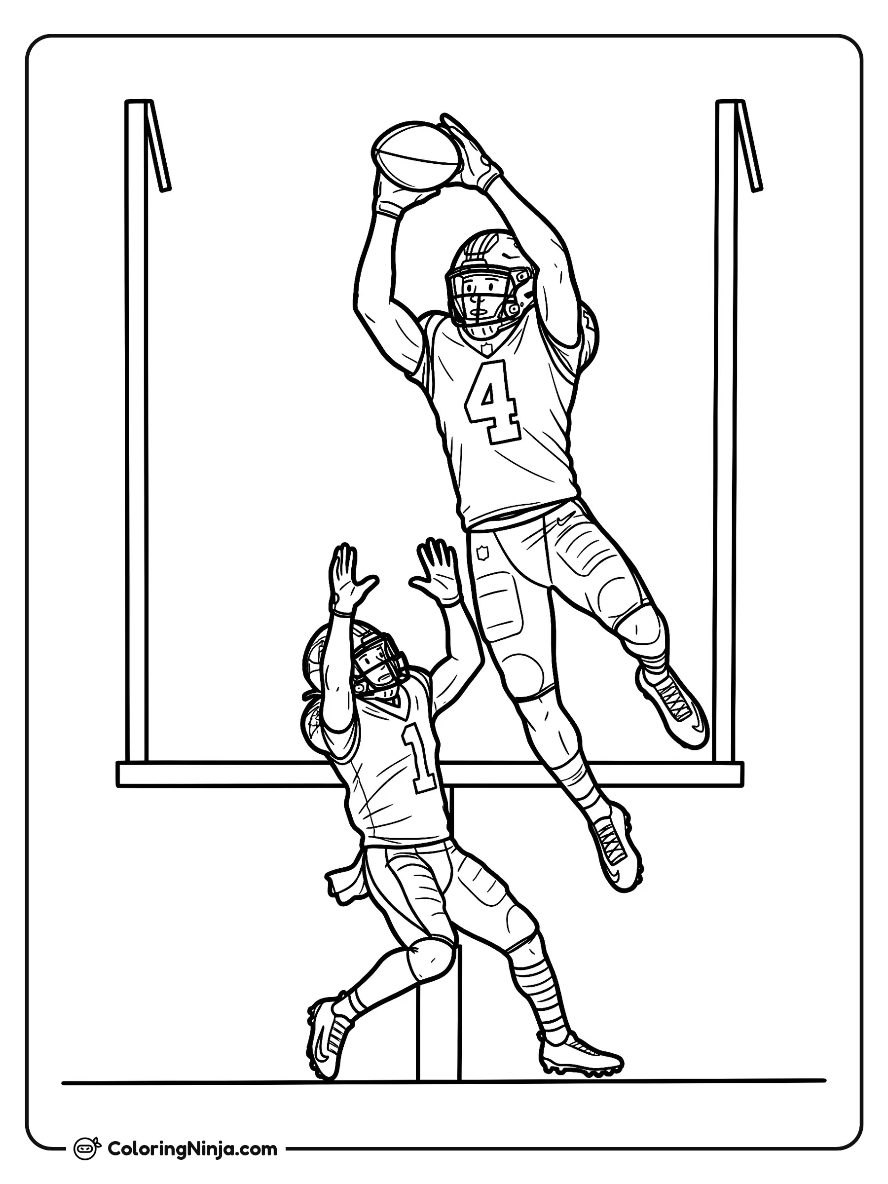 Atrapada alta de Tetairoa McMillan, dibujo para colorear: El jugador de fútbol americano Tetairoa McMillan salta muy alto en el aire para atrapar el balón por encima de un defensor cerca de los postes de gol.