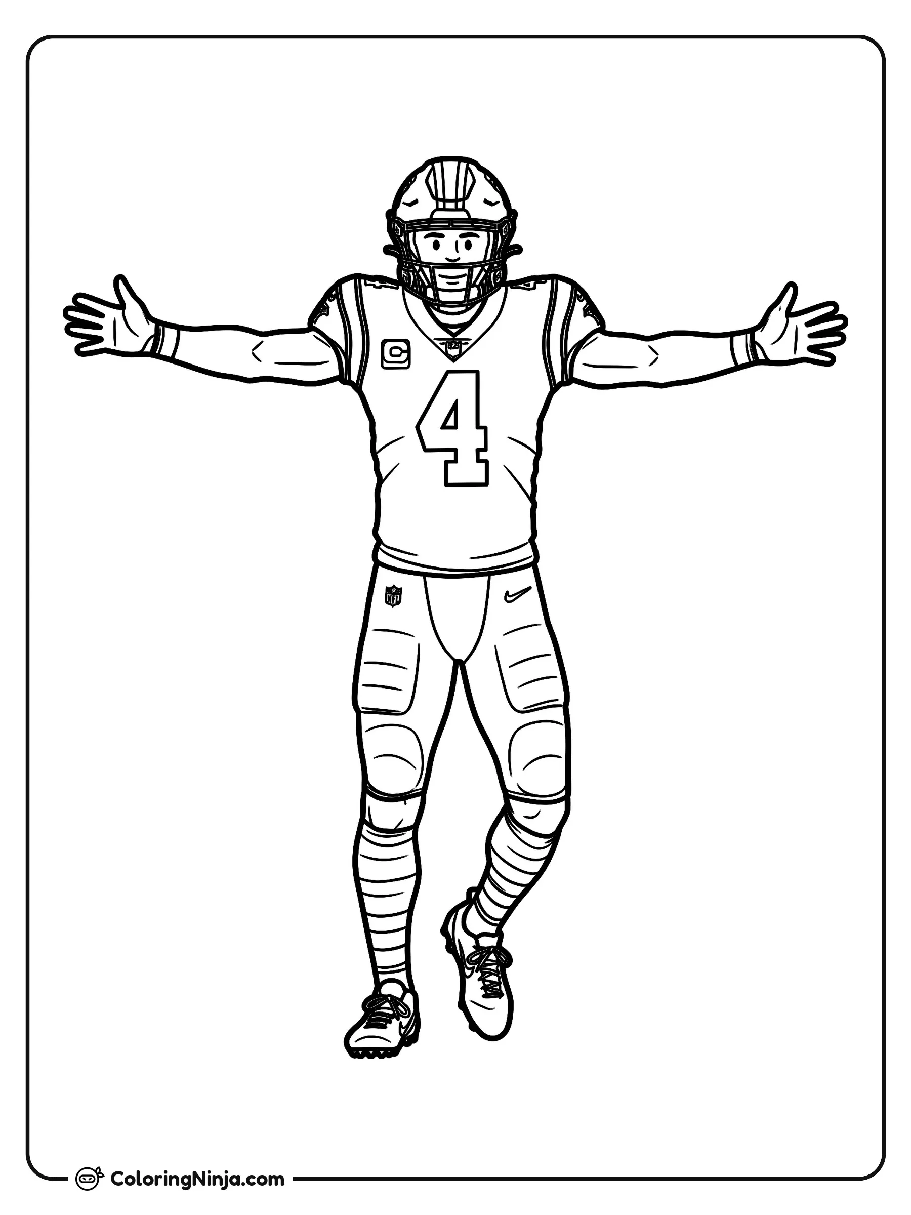 Celebración de touchdown de Tetairoa McMillan, dibujo para colorear: Tetairoa McMillan aparece de pie con los brazos abiertos celebrando un touchdown. Lleva un uniforme completo de fútbol americano con casco, jersey con el número cuatro, pantalones y tacos.