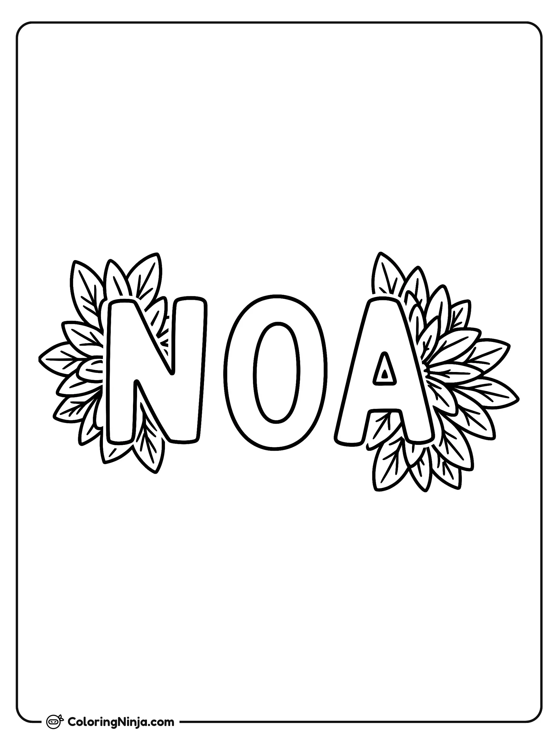 Nombre Noa rodeado de flores, dibujo para colorear: El nombre Noa destaca en grandes letras mayúsculas en el centro del diseño. Un arreglo decorativo de hojas y pétalos rodea los lados para darle un toque floral único.