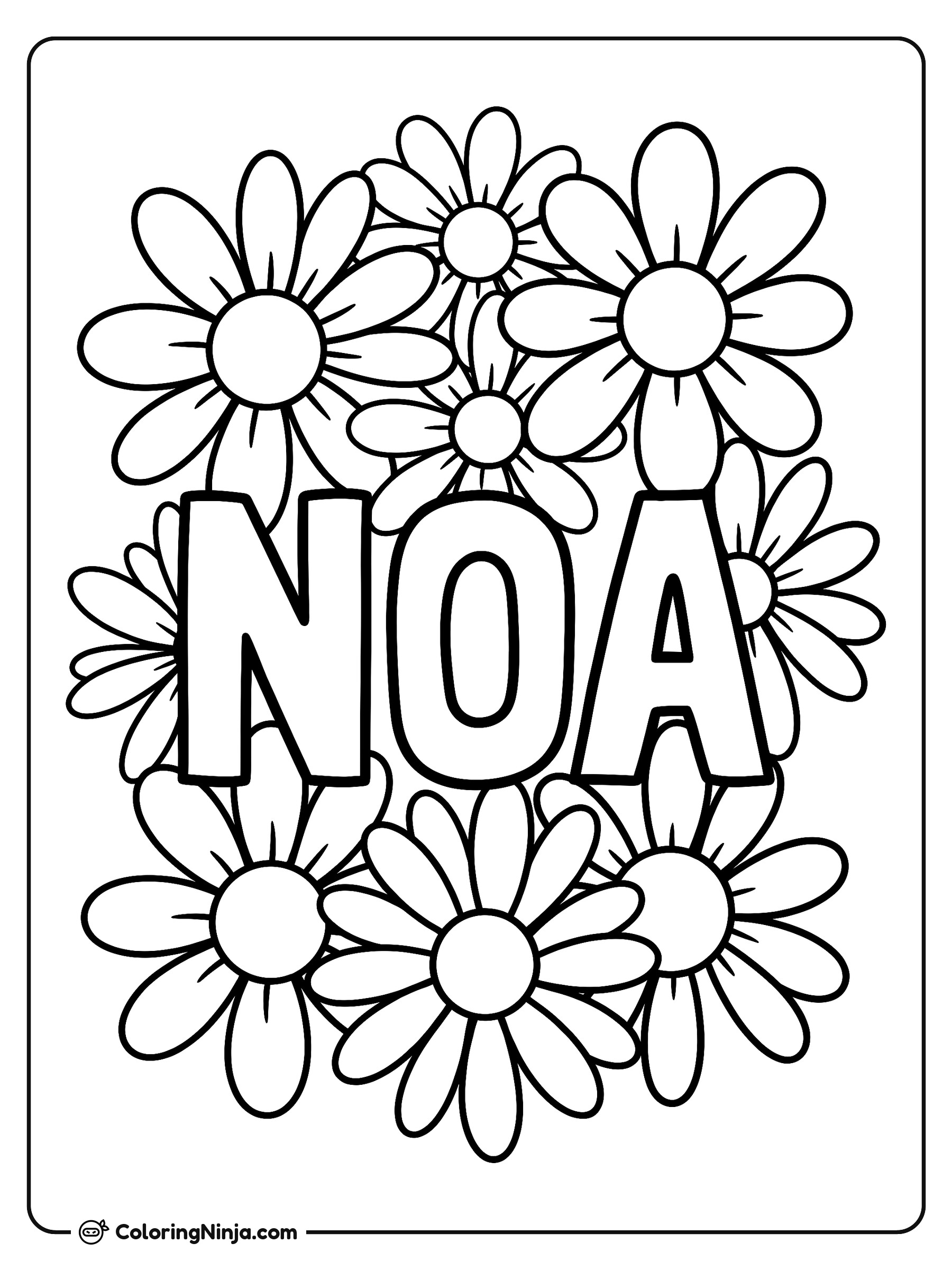 El nombre NOA rodeado de margaritas: dibujo para colorear