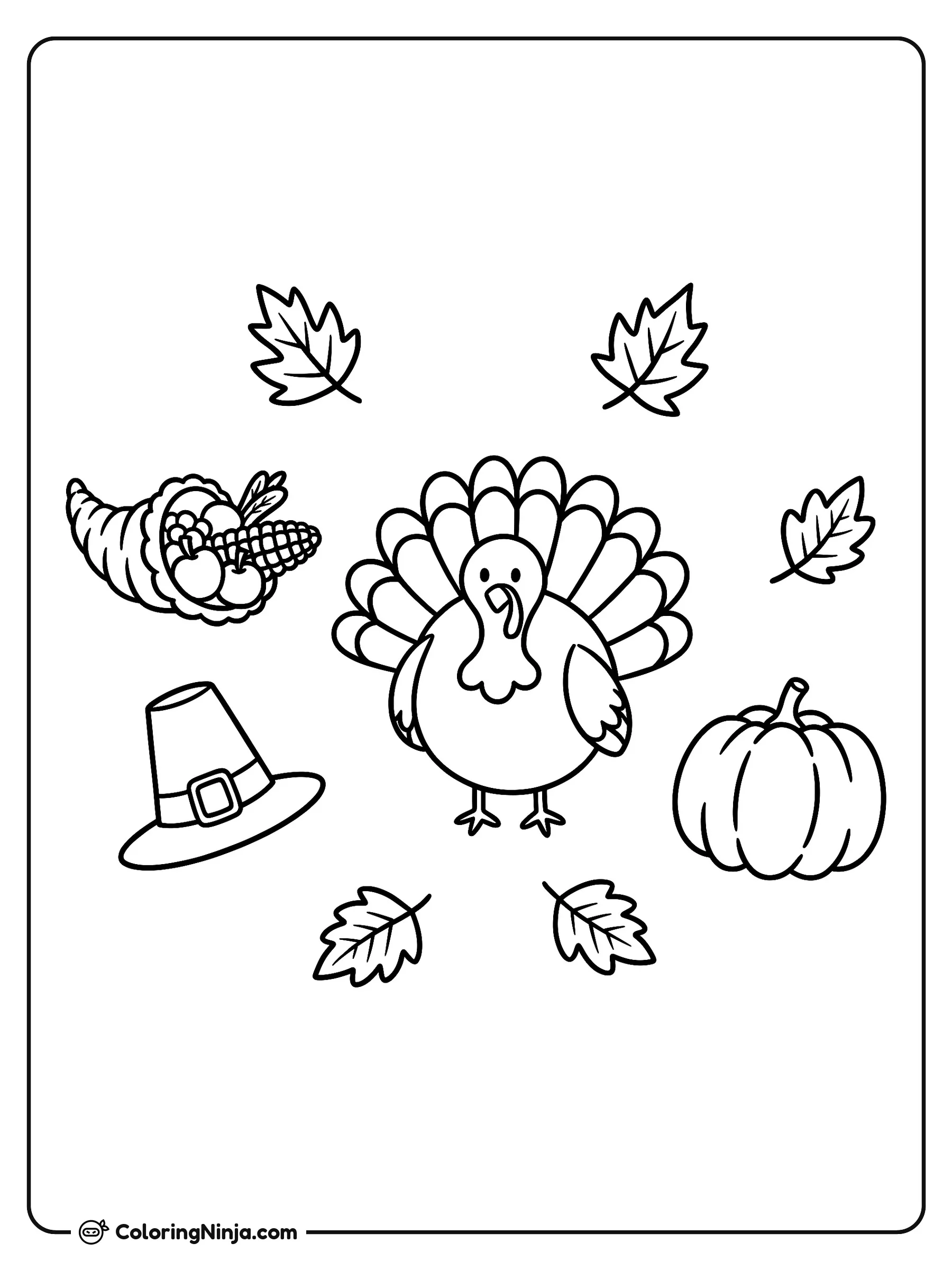 Pavo y símbolos de Acción de Gracias, dibujo para colorear: Un alegre pavo se encuentra rodeado de elementos clásicos de Acción de Gracias como una cornucopia llena de frutas, un sombrero peregrino, una calabaza y hojas secas.
