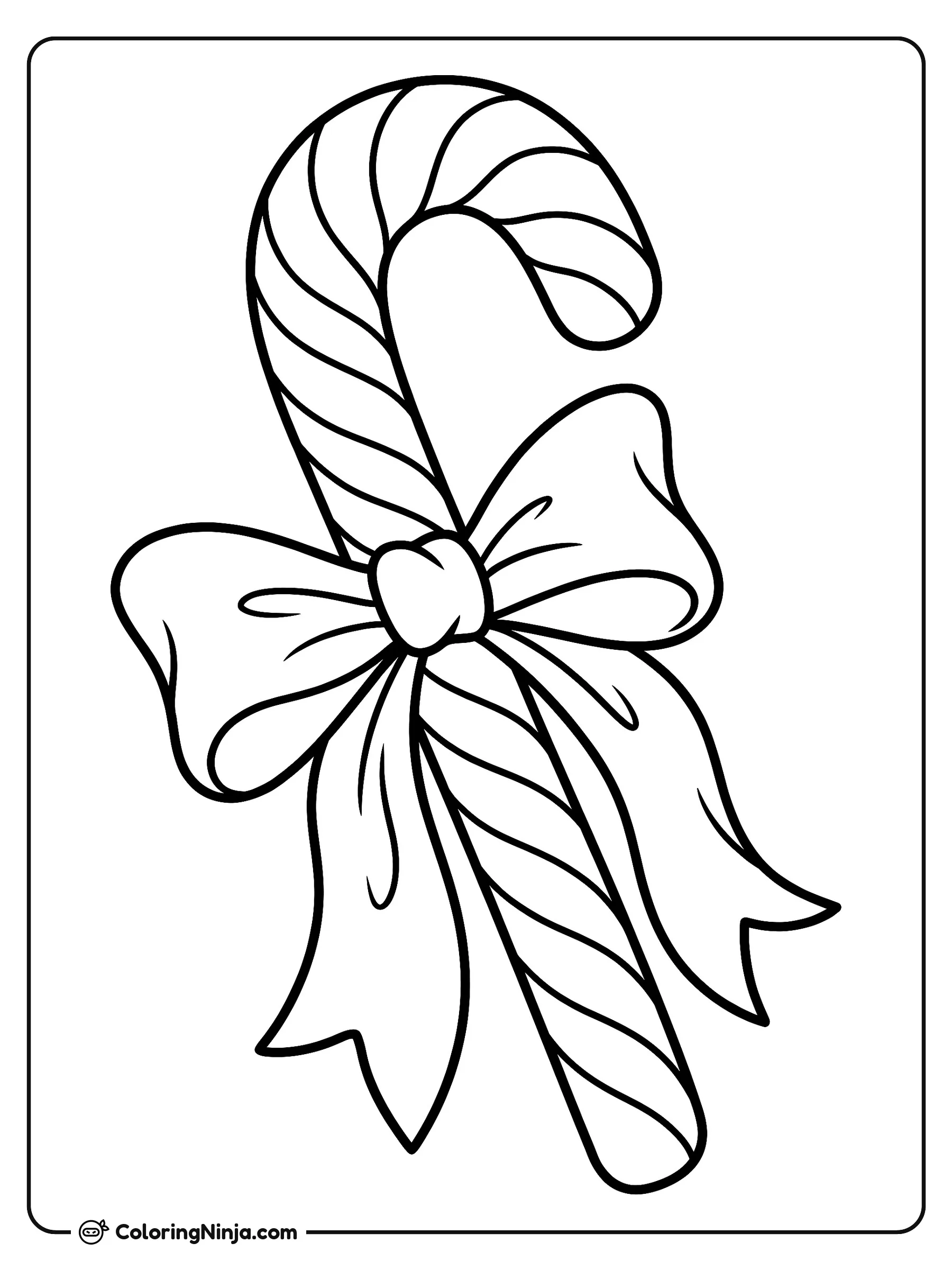 Classic Bow Candy Cane Coloring Page: This page features a large single candy cane decorated with broad diagonal stripes. A plump fabric bow is tied around the middle section of the cane.