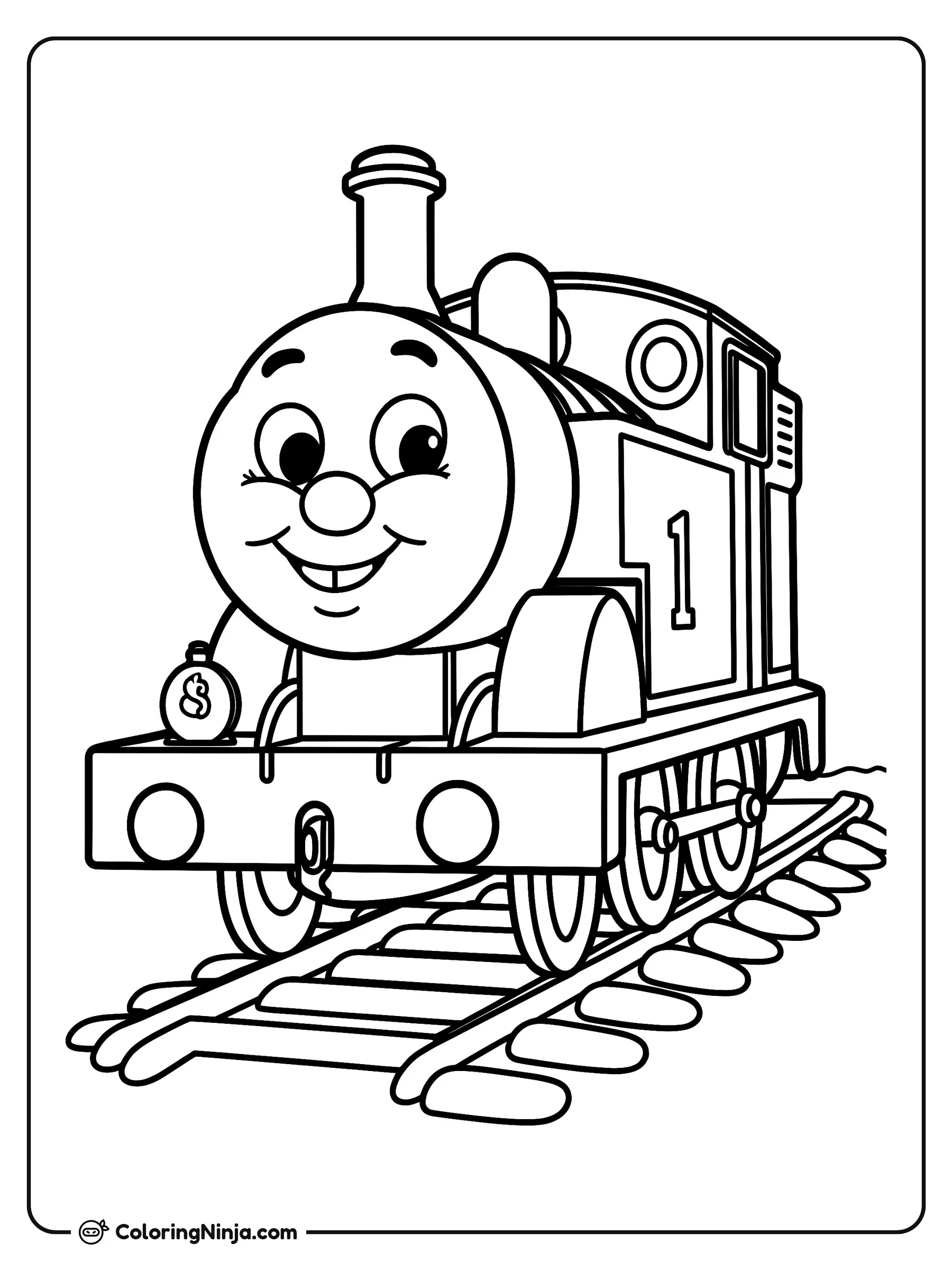 Thomas el Tanque sobre las vías, dibujo para colorear: Thomas el Tanque sonríe alegremente mientras avanza a lo largo de las vías del tren. Incluye su amigable cara, su chimenea, sus tanques laterales con el número uno y sus grandes ruedas.