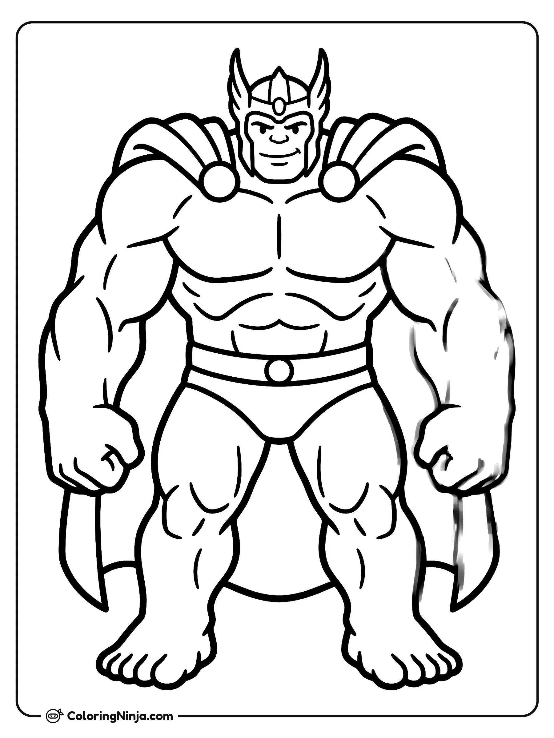 Superhéroe muscular con casco alado, dibujo para colorear: Un poderoso héroe se mantiene de pie con una pose fuerte, portando un casco con alas y una gran capa. El personaje muestra brazos robustos, puños cerrados y un cinturón listo para la acción.