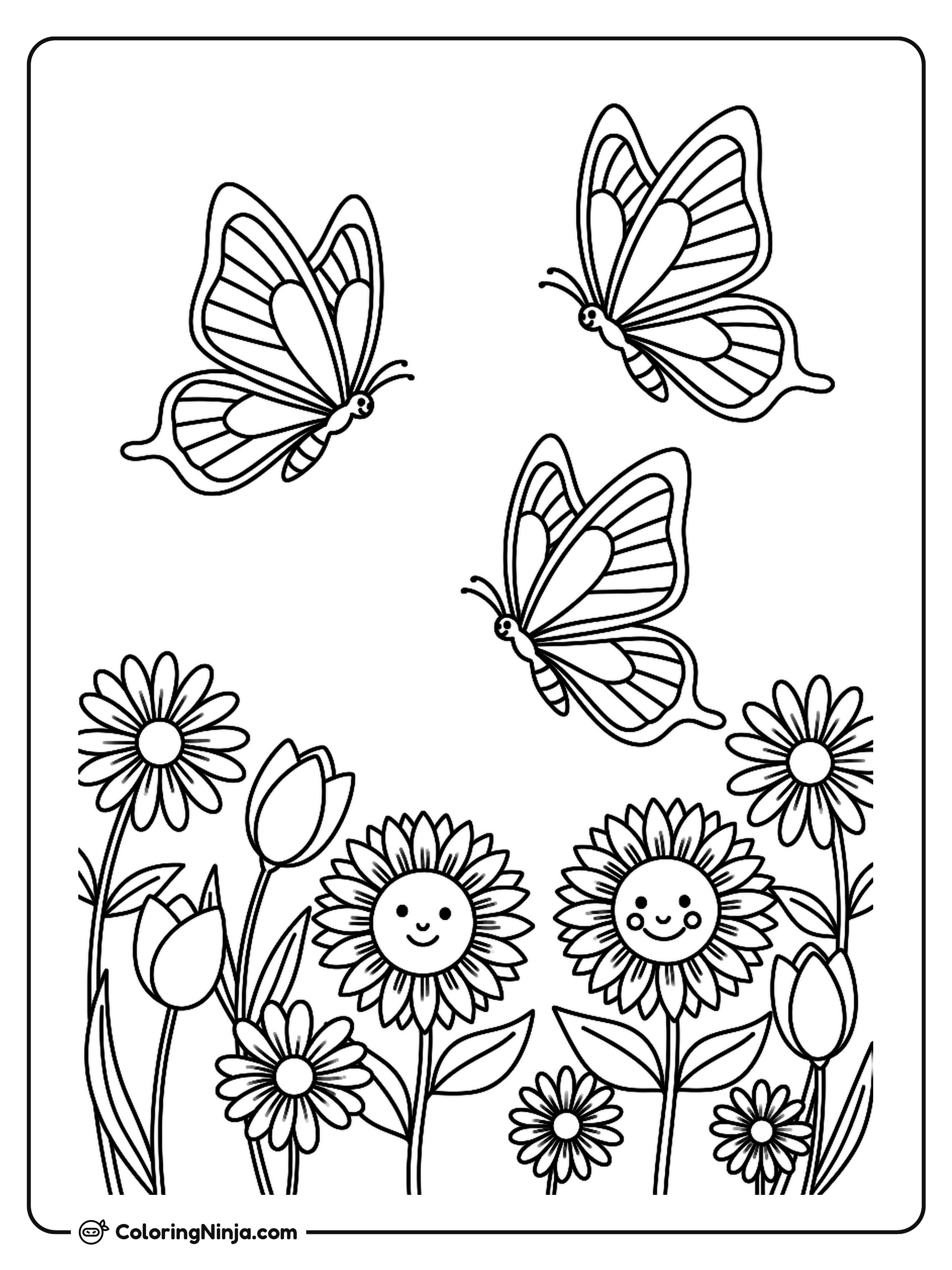 Three Butterflies Over A Flower Garden Coloring Page