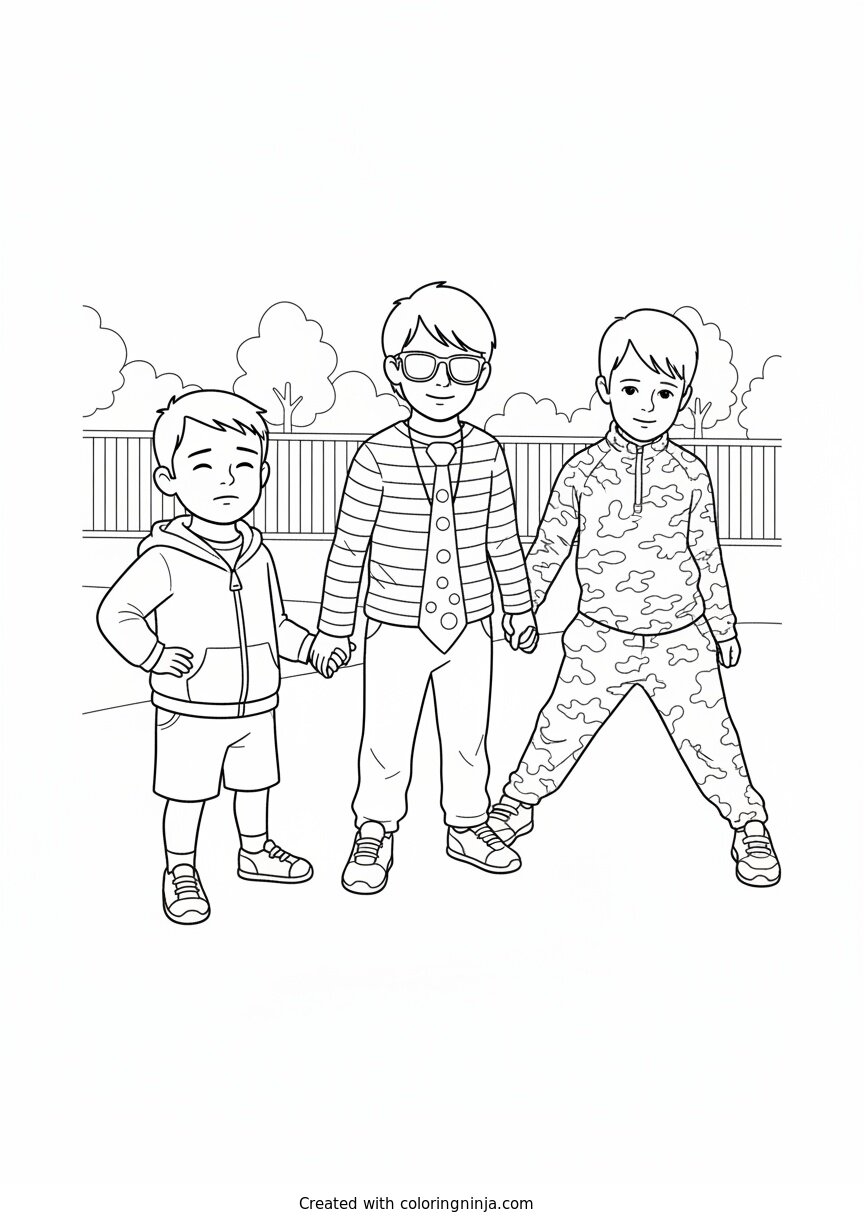 Coloring page of Three Boys Holding Hands on the Playground