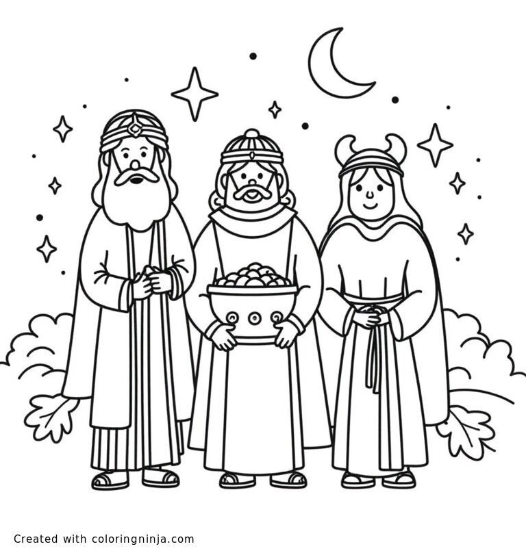 A coloring page of three magic kings