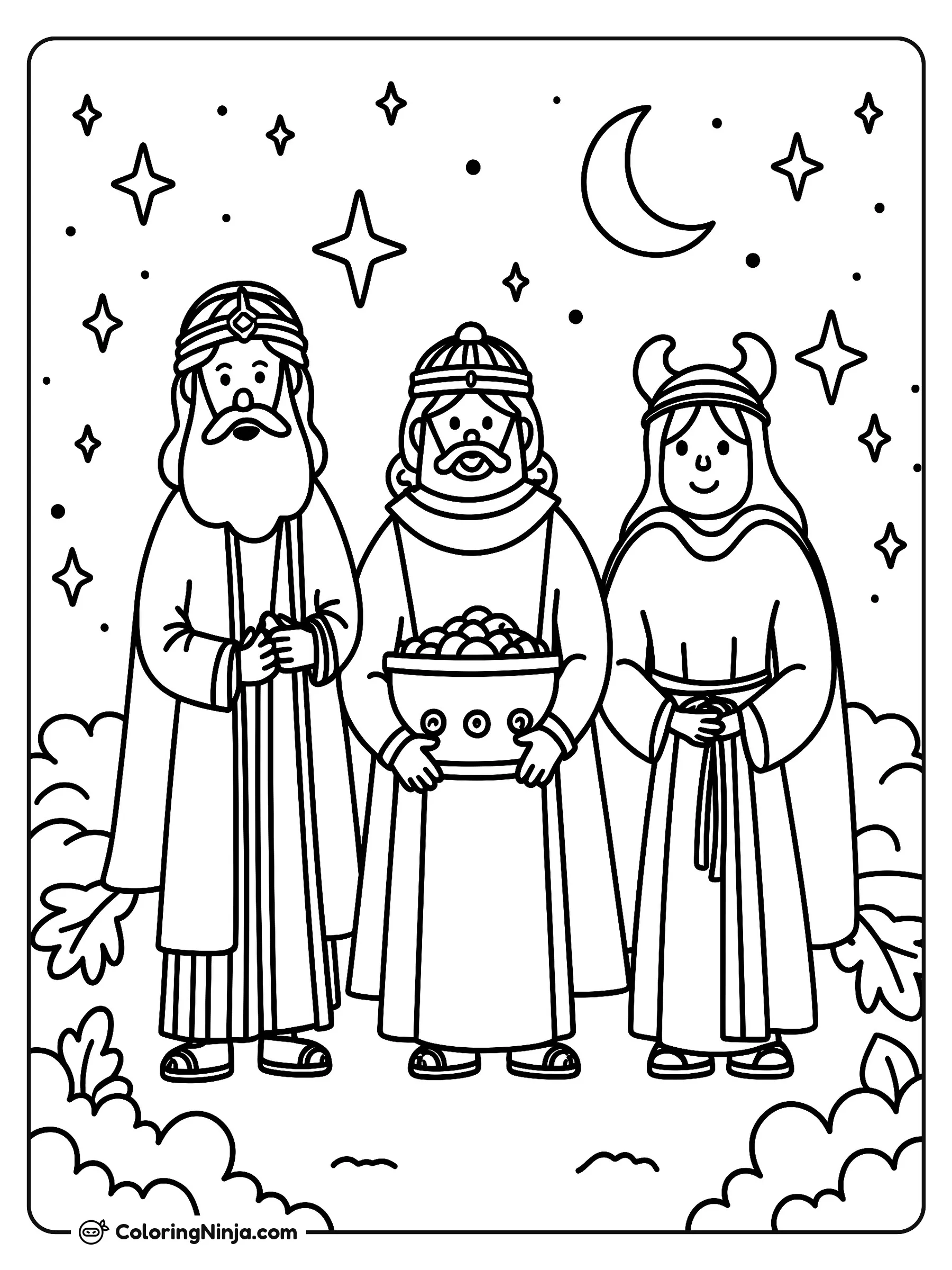 Three Magic Kings Coloring Page: This coloring page features three magic kings as depicted in the title. Children can color the figures as they embark on their journey under the night sky.