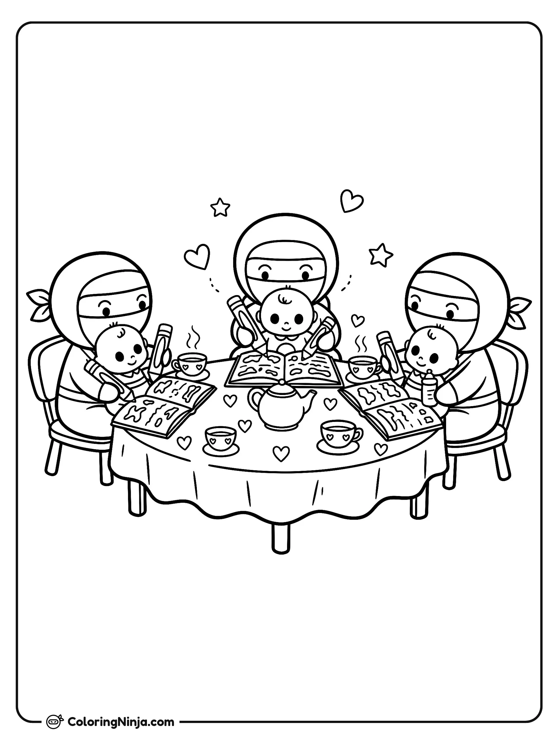 Tres ninjas en fiesta de té con bebés, dibujo para colorear: Tres tiernos ninjas están sentados alrededor de una mesa redonda disfrutando de una tarde de té, cada uno cargando a un lindo bebé.