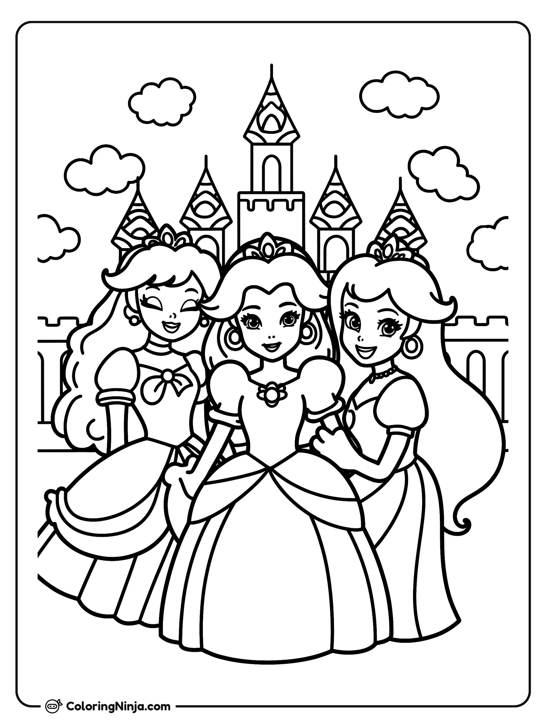Tres princesas reales en el castillo, dibujo para colorear: Tres princesas reales posan juntas con sus elegantes vestidos y tiaras frente a un gran castillo. Al fondo destacan las altas torres y algunas nubes esponjosas en el cielo.