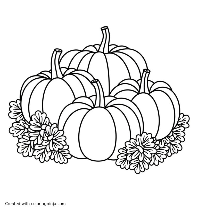 A coloring page of three pumpkins surrounded by flowers