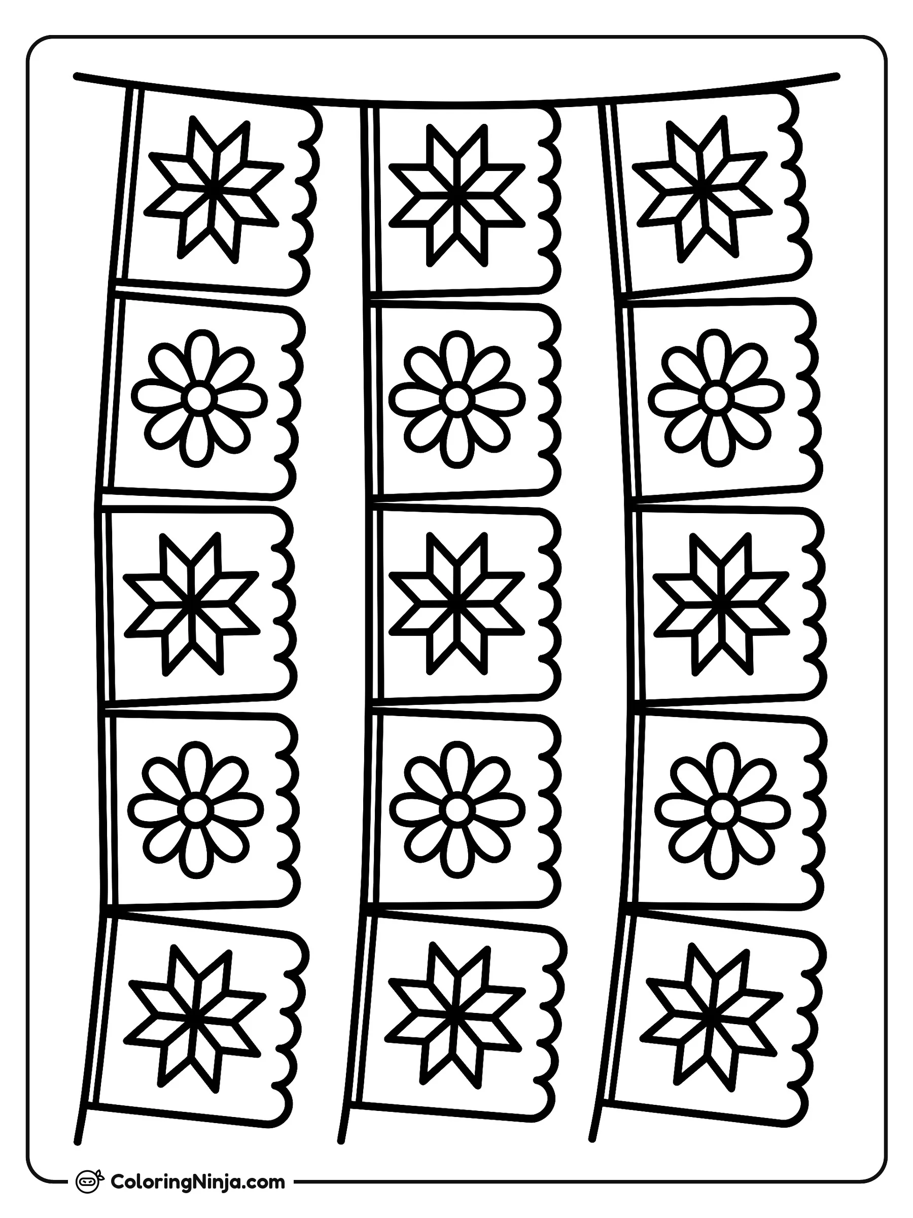 Banderines de Papel Picado Geométrico, dibujo para colorear: Esta ilustración muestra tiras de banderines de papel picado decorados con soles simétricos, estrellas y motivos florales. Sus formas sencillas y repetitivas facilitan el llenarlas de color.