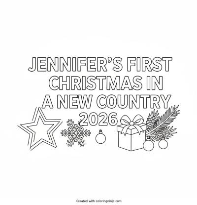 A coloring page of 2D full white background with white text with Arial font style says Jennifer's First Christmas in a New Country 2026 on it without any pictures of humans, without any pictures of animals, without any pictures of birds, and without any pictures of insects.