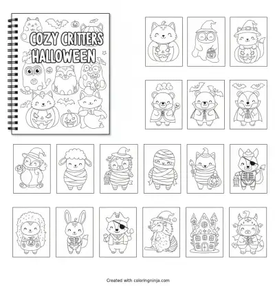 50 Pages Cozy Animals Halloween Coloring Page