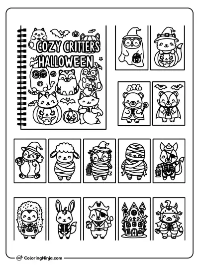 Cozy Animals Halloween Coloring Page