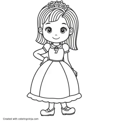 A coloring page of a 7 years old girl with medium length hair wearing a princess dress