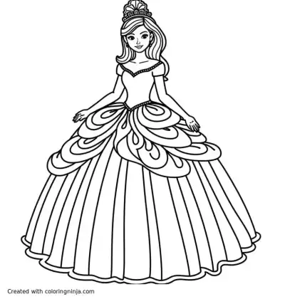 A coloring page of Aaleyha is a 15 year old having a 15th birthday Butterfly themed Quinceanera, in a beautiful quince dress, which is big and poofy.