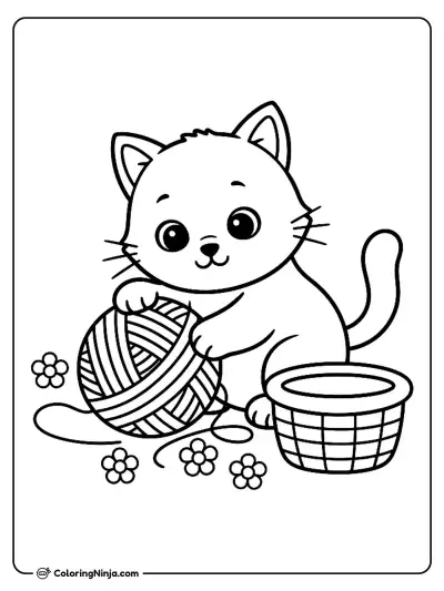 Adorable Kitten Playing With Yarn Coloring Page