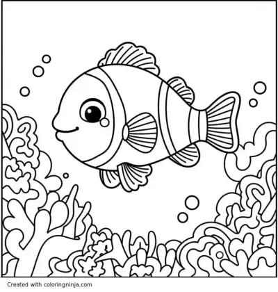 A coloring page of Adult coloring book style. clown fish swimming amongst coral and sea plants