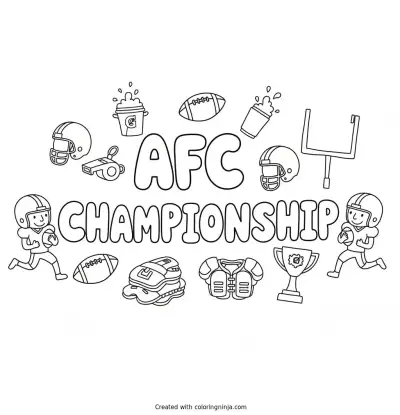 A coloring page of AFC Championship in big blocky letters with football things all around coloring page coloring page