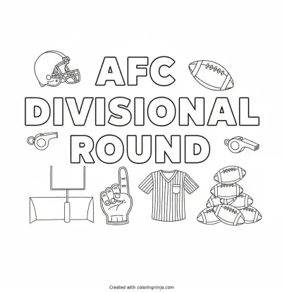 A coloring page of AFC Divisional Round in big blocky letters with football things all around coloring page