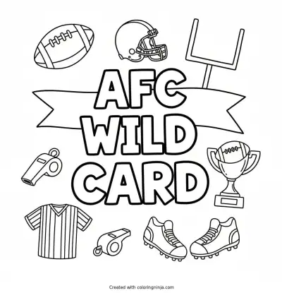 A coloring page of AFC Wild Card in big blocky letters with football things all around