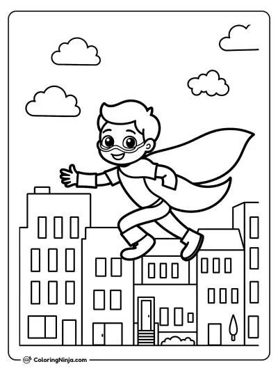 Niño superhéroe volando alto
