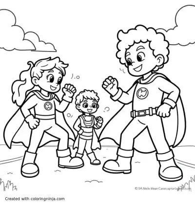 A coloring page of .An African American family of four, dressed as superheroes. wearing gloves and boots. They are fighting silly alien villains, on a street.