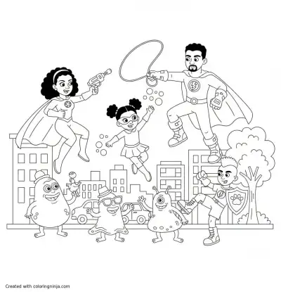 A coloring page of An African American family of four, dressed as superheroes. wearing gloves and boots. They are fighting silly alien villains, on a street