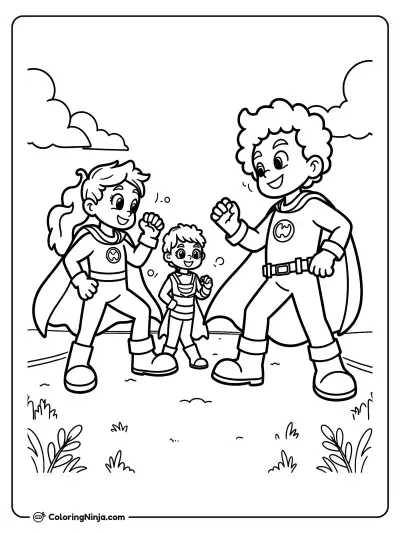 Superhero Family vs. Alien Villains Coloring Page