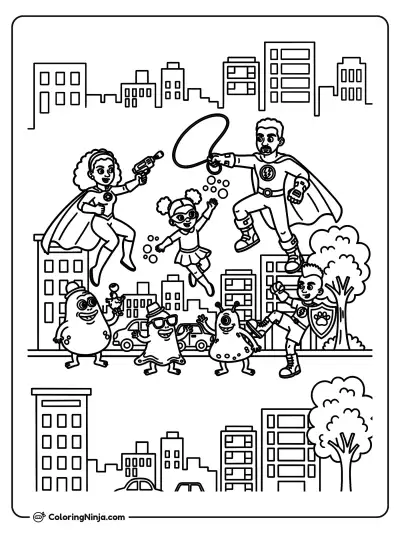 Batalla urbana de familia superhéroe africana