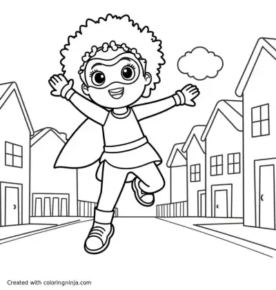 A coloring page of An African American girl child, dressed as a superhero. wearing gloves and boots. She is flying Houses on a street.