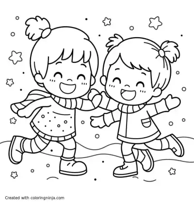 A coloring page of african american kids playing in snow