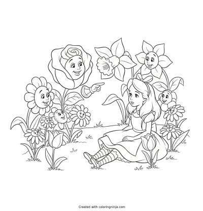A coloring page of alice in wonderland with talking flowers
