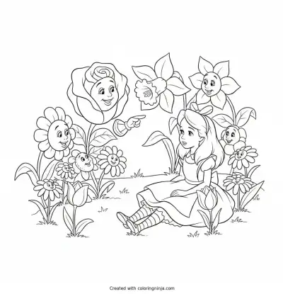 A coloring page of alice in wonderland with talking flowers
