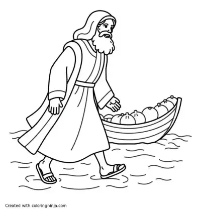 A coloring page of Apostle Peter walking on water next to boat