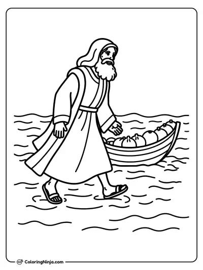 Apostle Peter Walking on Water Next to Boat Coloring Page