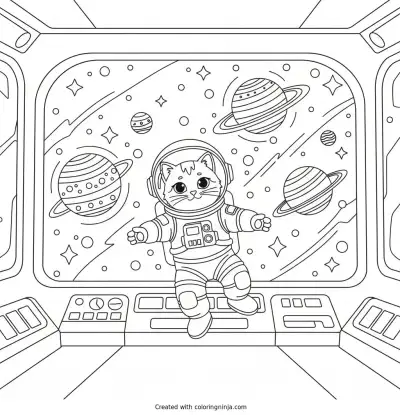 Space Explorer Kitty's Big Adventure Coloring Page