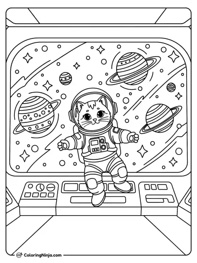 Space Explorer Kitty's Big Adventure Coloring Page