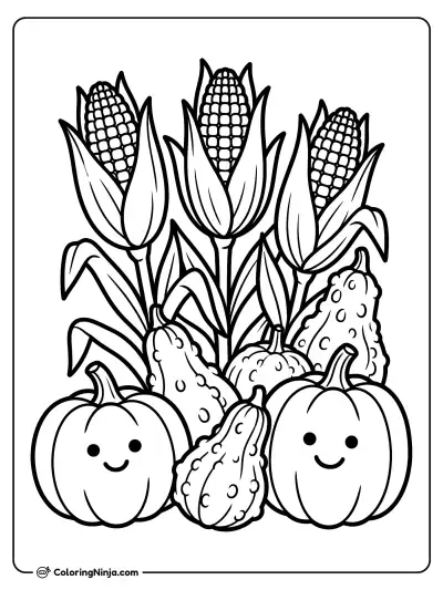 Autumn Harvest Corn and Pumpkins Coloring Page