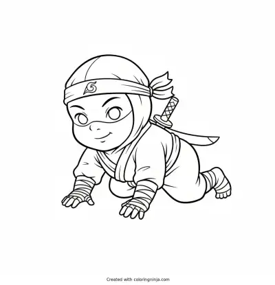 Baby Ninja Crawling with a Tiny Headband Coloring Page