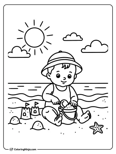 Baby Playing on the Beach Coloring Page