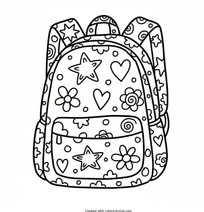 A coloring page of backpack with many ornaments