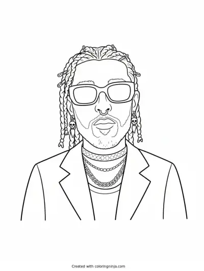 A coloring page of Bad Bunny with Braids and Sunglasses