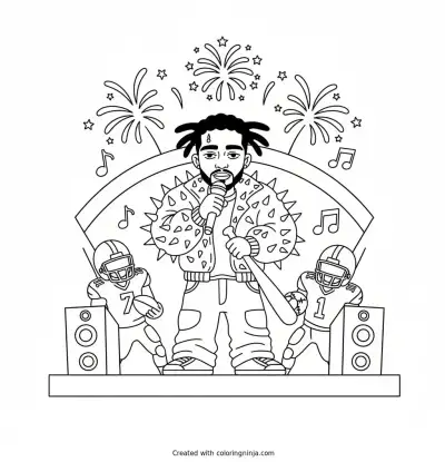 A coloring page of Bad bunny the latin signing artist at the Superbowl half time show