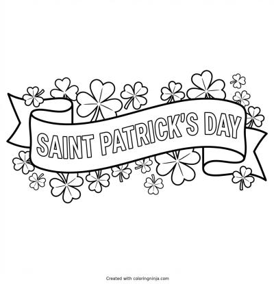 A coloring page of banner with "saint patrick's day" and clover decorations