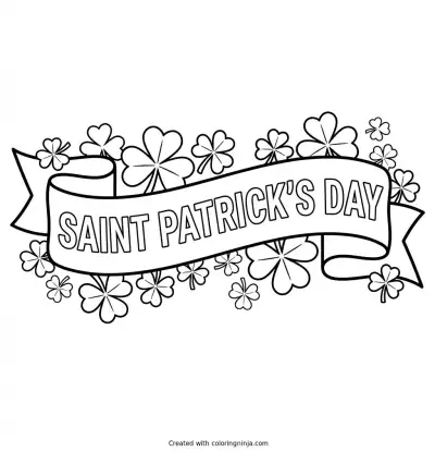 A coloring page of banner with "saint patrick's day" and clover decorations